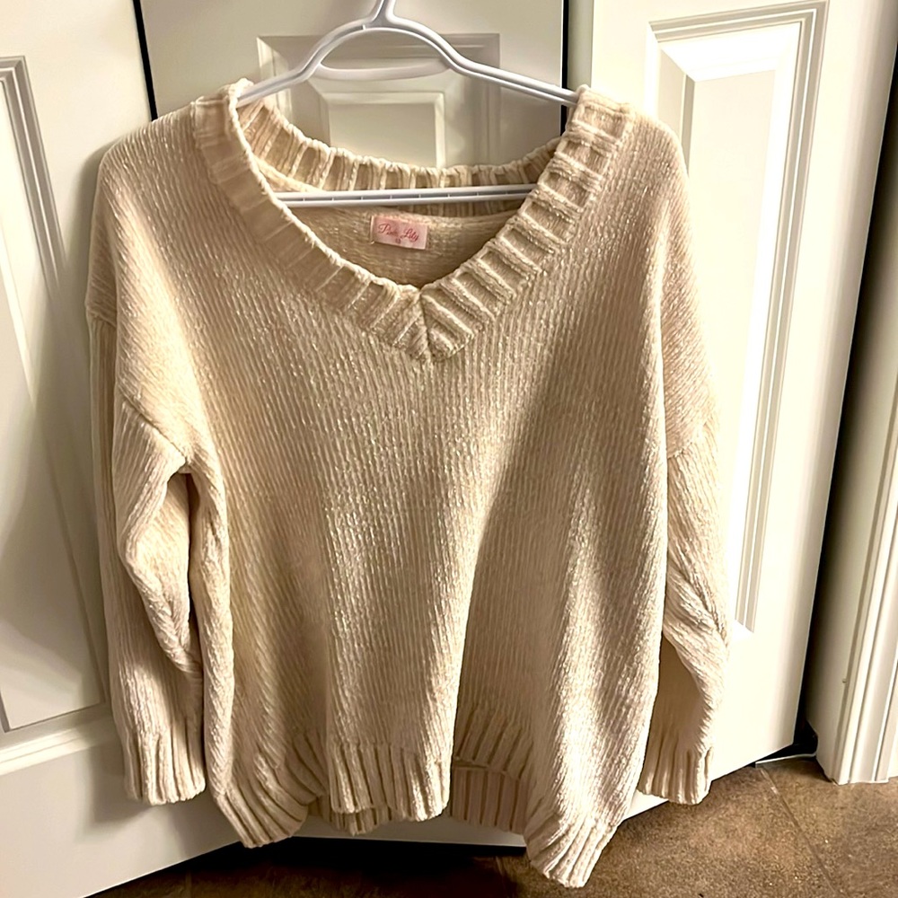 Pink Lily Cream V-Neck Sweater